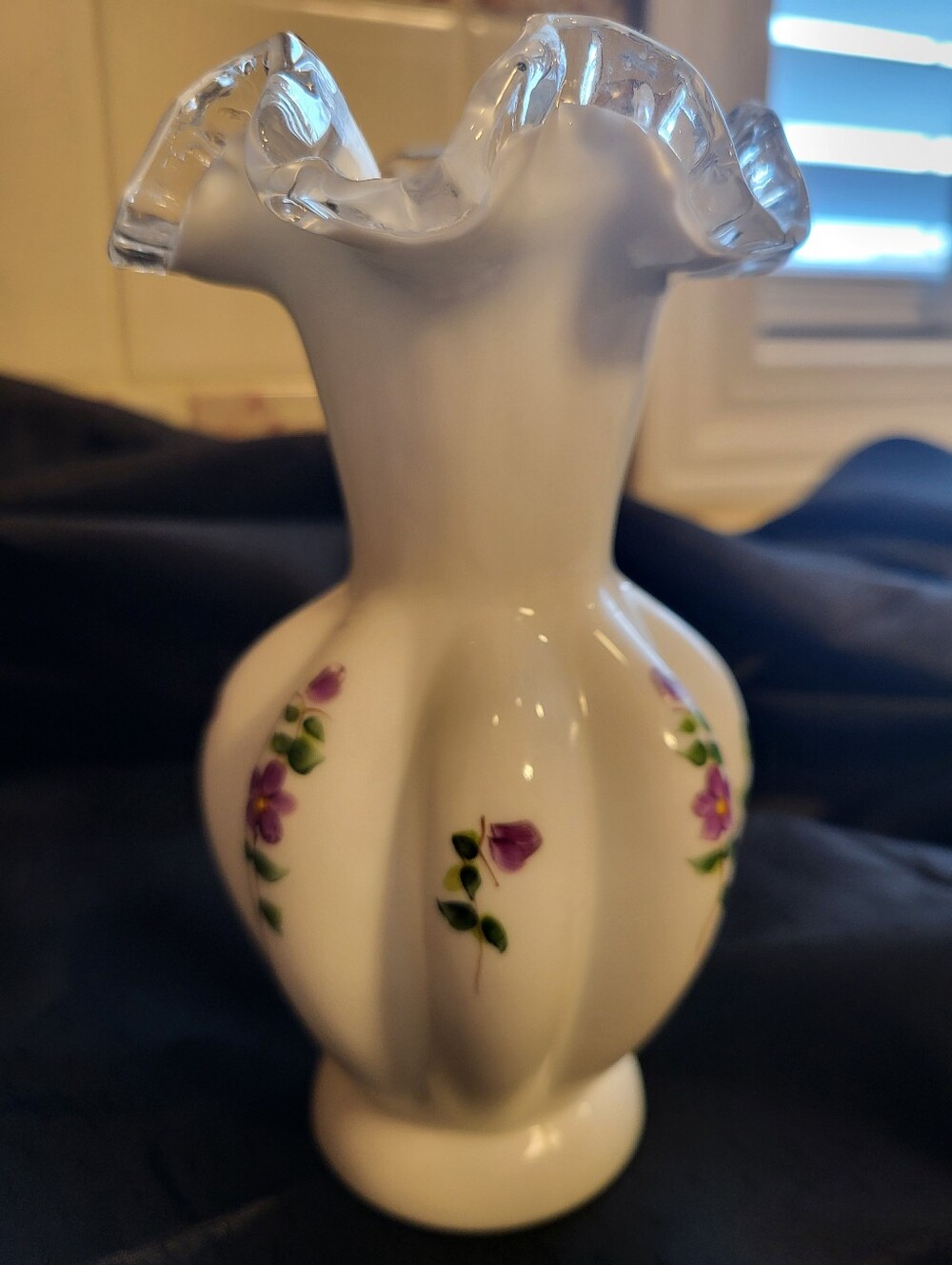 Fenton 6 In. White Glass Violets In The Snow Ruffled Vase - Picture 14 of 15